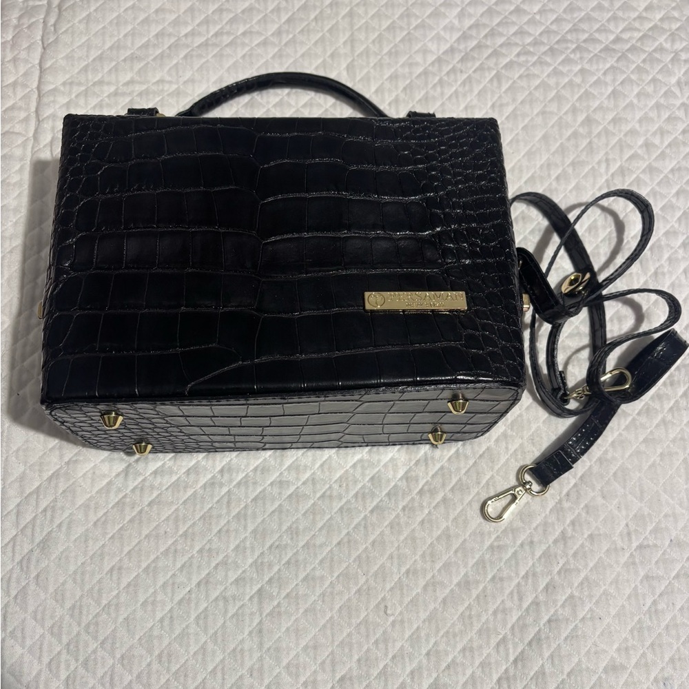 Persaman New York Black Croc-Embossed Structured Satchel Gold Hardware & Strap